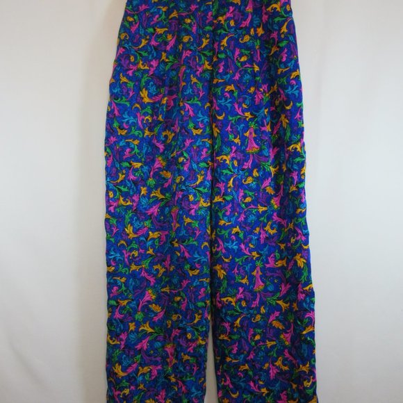 Vintage Flora Kung Blue Multicolor Floral High Waist Silk Pants - Picture 3 of 9